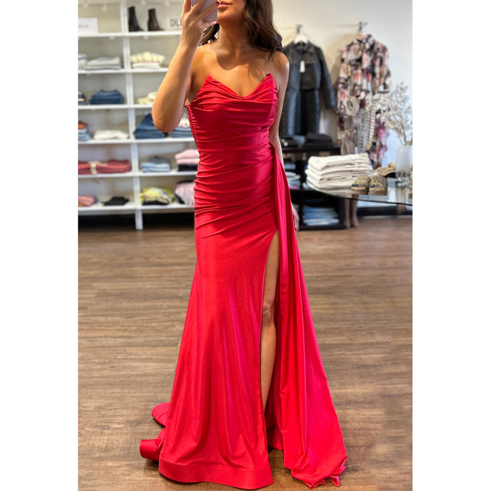CD Strapless Fit and Flare Pointy Princess Neckline Gown in Red