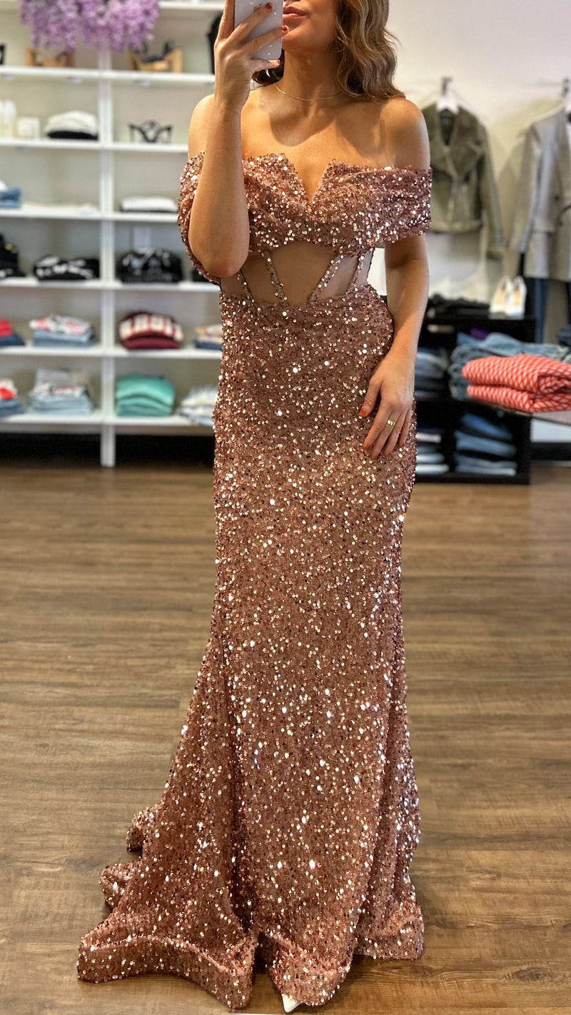 CD Sequin Corset Off The Shoulder Gown in Rose Gold