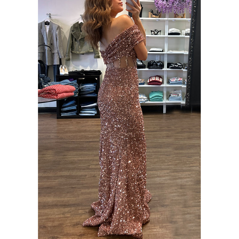 CD Sequin Corset Off The Shoulder Gown in Rose Gold