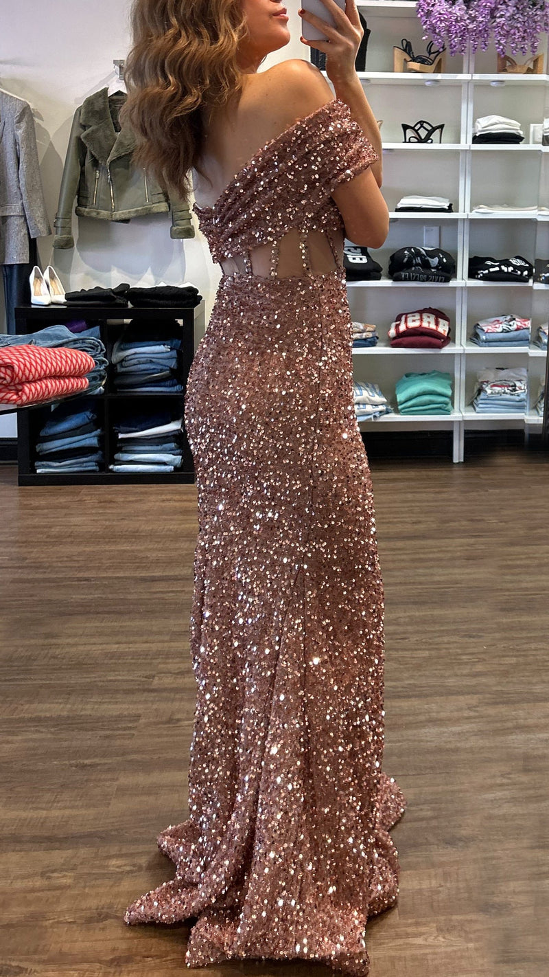 CD Sequin Corset Off The Shoulder Gown in Rose Gold