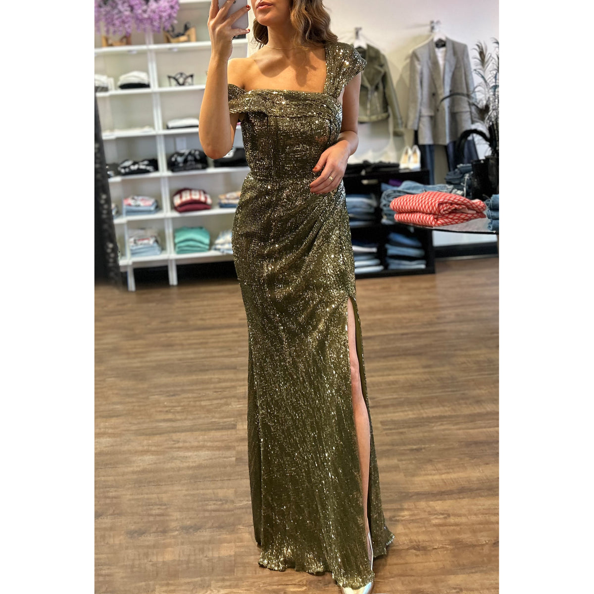 CD Sequin One Shoulder Gown in Olive