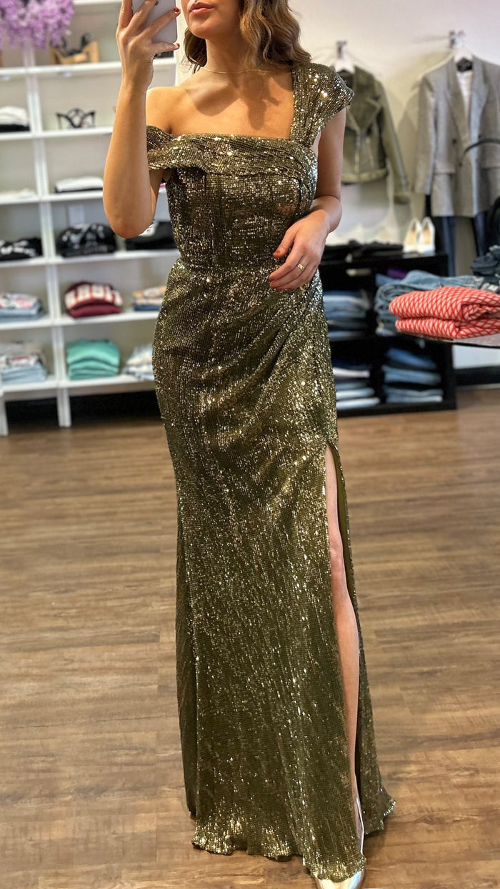 CD Sequin One Shoulder Gown in Olive