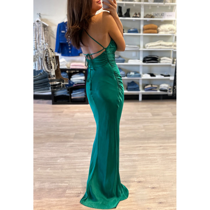 CD Cowl Satin Slip Lace Back Gown in Emerald
