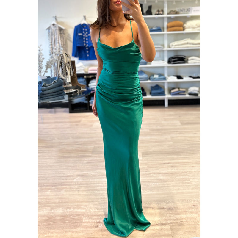 CD Cowl Satin Slip Lace Back Gown in Emerald