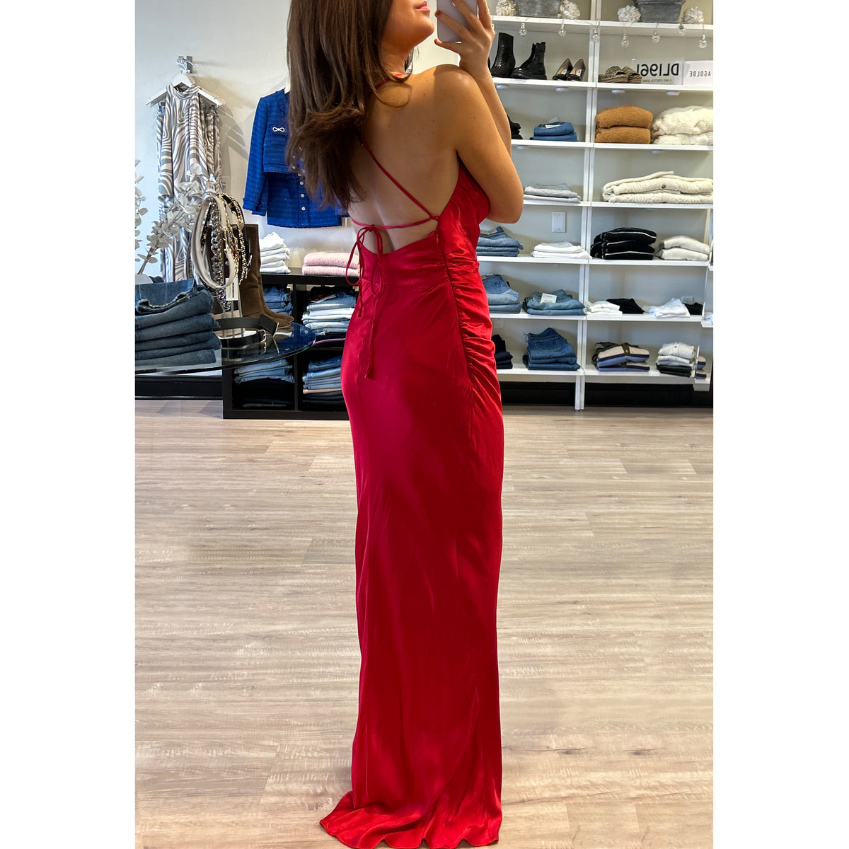 CD Cowl Satin Slip Lace Back Gown in Red
