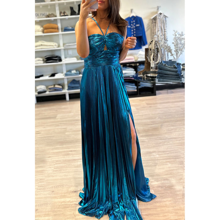 CD Metallic Pleated Halter Gown in Blue