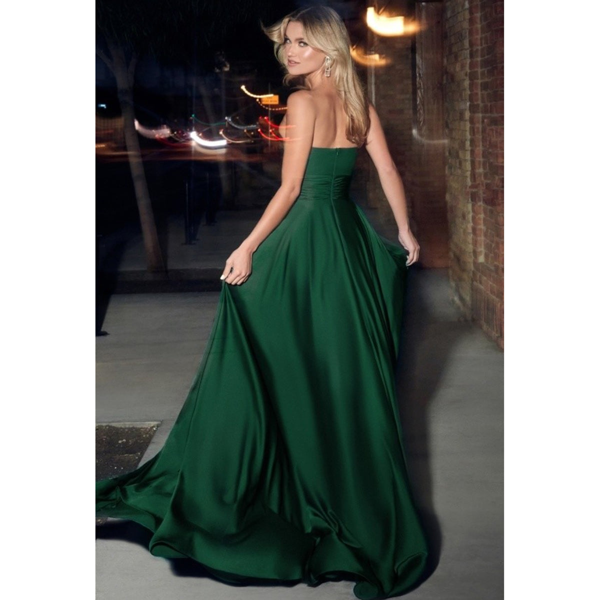 CD Strapless A-Line Satin Keyhole Gown in Hunter Green