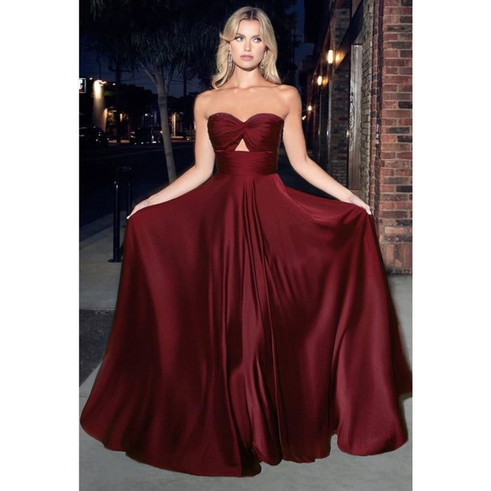 CD Strapless A-Line Satin Keyhole Gown in Burgundy