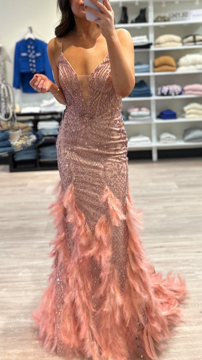 CD Feathered Mermaid Gown in Rose