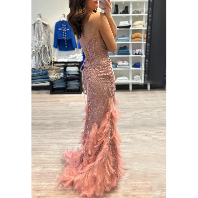 CD Feathered Mermaid Gown in Rose