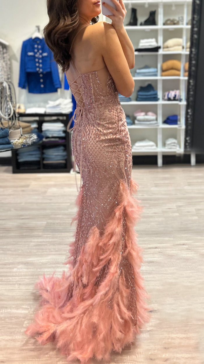 CD Feathered Mermaid Gown in Rose