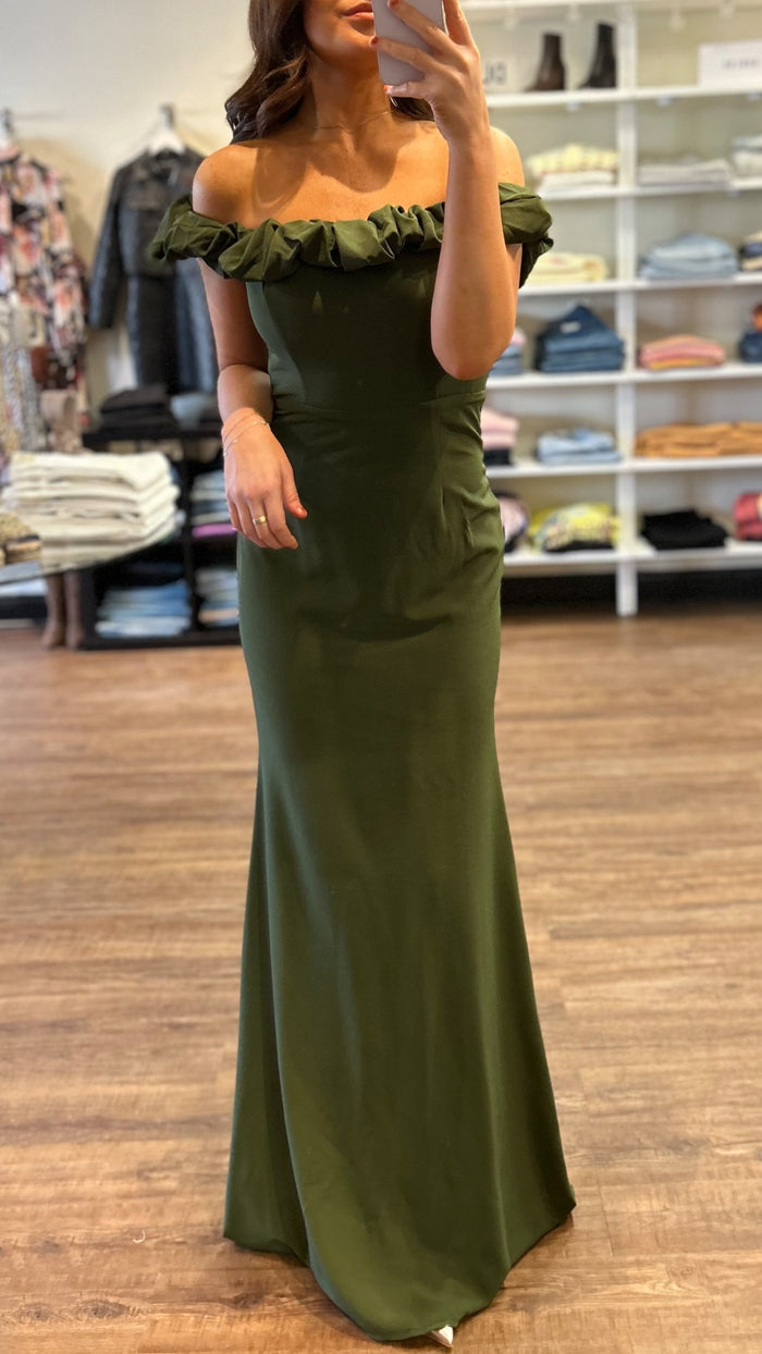 CD Strapless Ruffle Off the Shoulder Gown in Olive