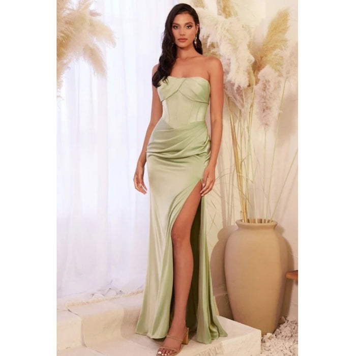 CD Strapless Corset Satin Gown in Sage