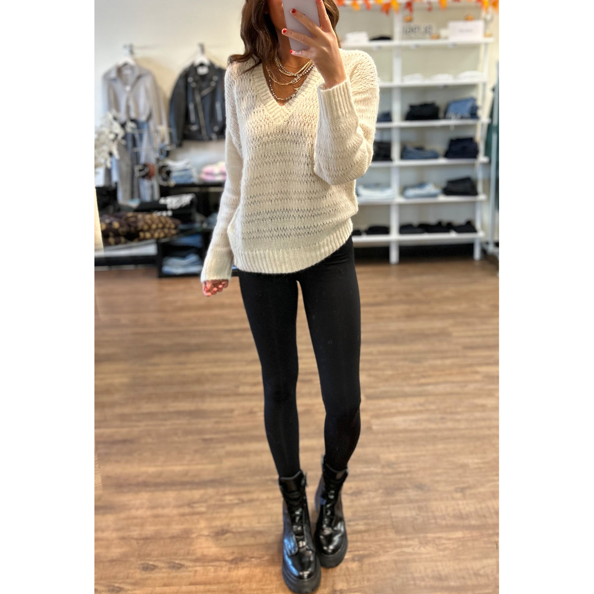 Naadam Alpaca-Blend Open Stitch V-Neck Sweater in White