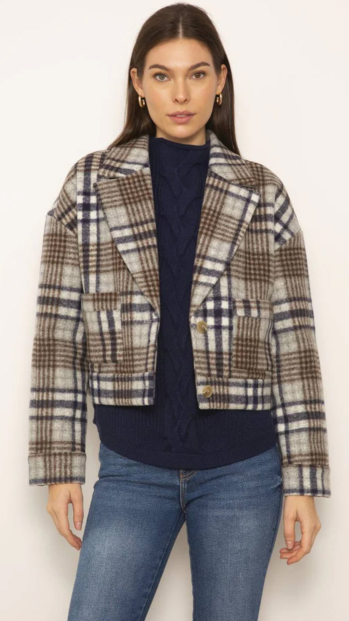 Central Park West Flora Cropped Jacket in Blue Plaid