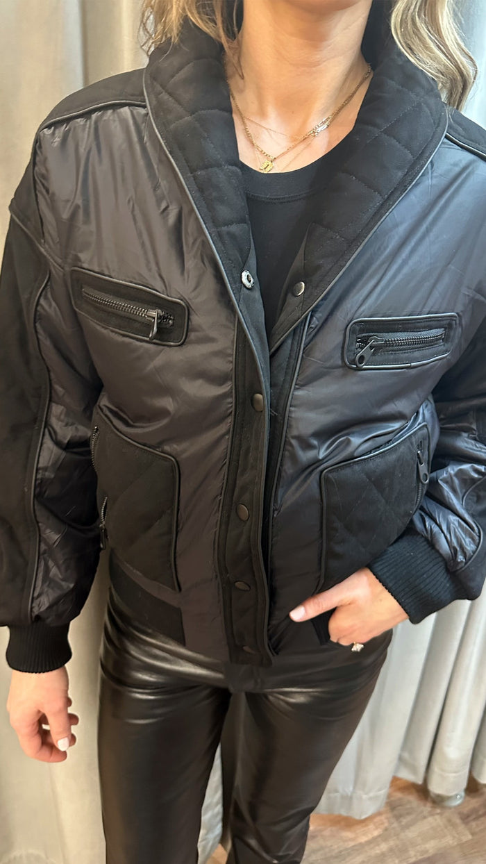 Central Park West Aubrey Mixed Media Puffer Jacket in Black