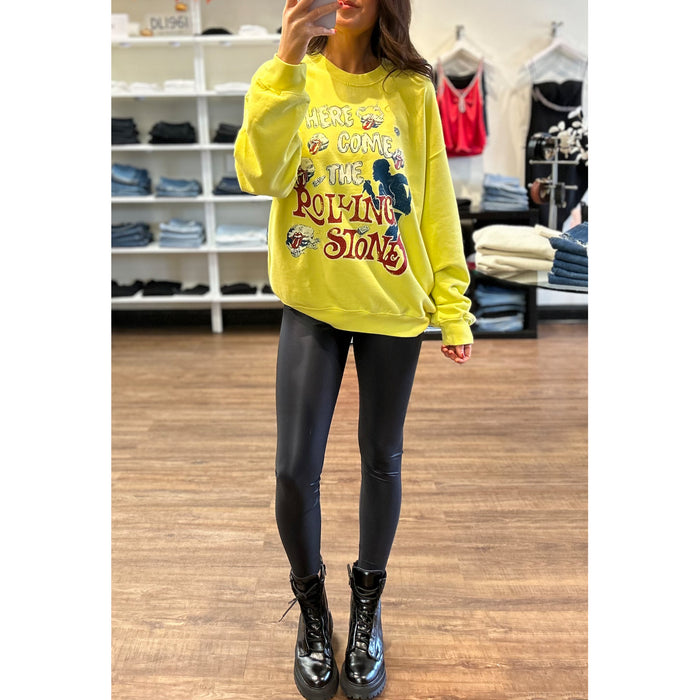 DAYDREAMER Rolling Stones Here Comes The Stones Crew Neck Sweatshirt in Yellow