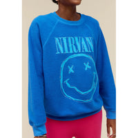 DAYDREAMER Nirvana Smiley Reverse Crew Neck Sweatshirt in Washed Cobalt
