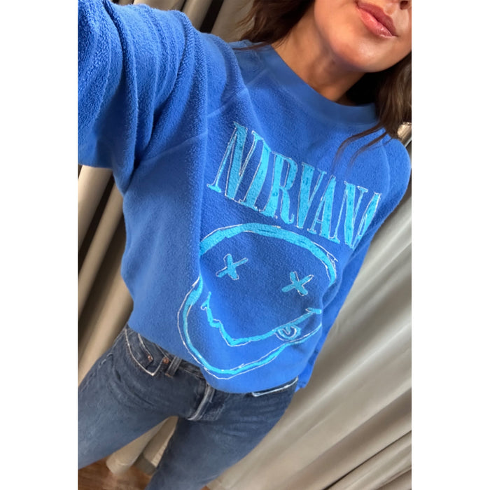 DAYDREAMER Nirvana Smiley Reverse Crew Neck Sweatshirt in Washed Cobalt