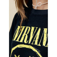 DAYDREAMER Nirvana Smiley Reverse Crew Neck Sweatshirt in Washed Black