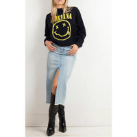 DAYDREAMER Nirvana Smiley Reverse Crew Neck Sweatshirt in Washed Black