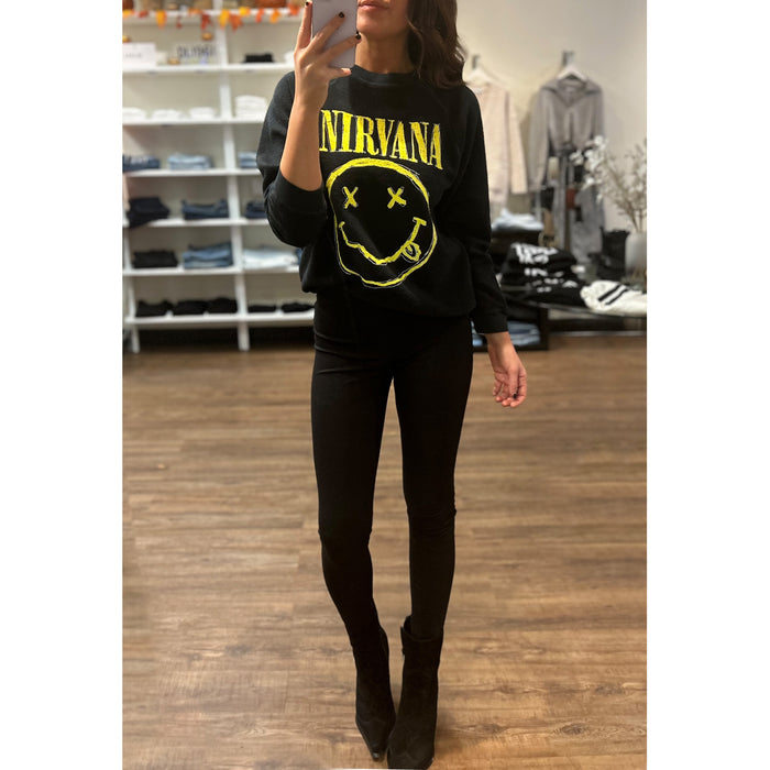 DAYDREAMER Nirvana Smiley Reverse Crew Neck Sweatshirt in Washed Black