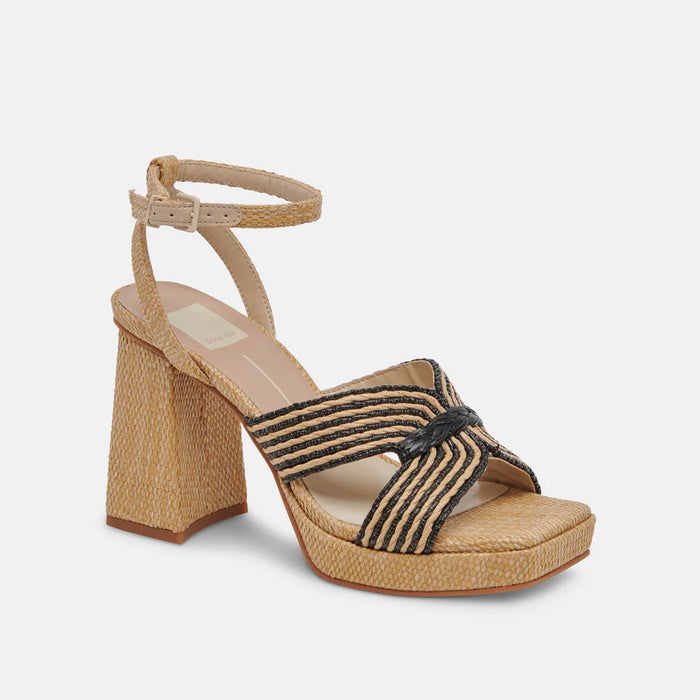 Dolce Vita Aries Chunky Block Heeled Sandal in Black/Natural Raffia