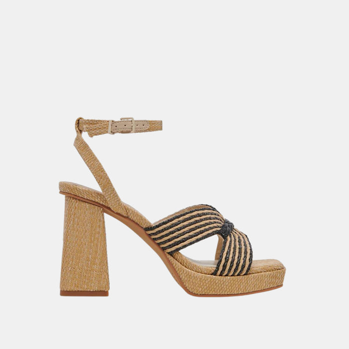 Dolce Vita Aries Chunky Block Heeled Sandal in Black/Natural Raffia