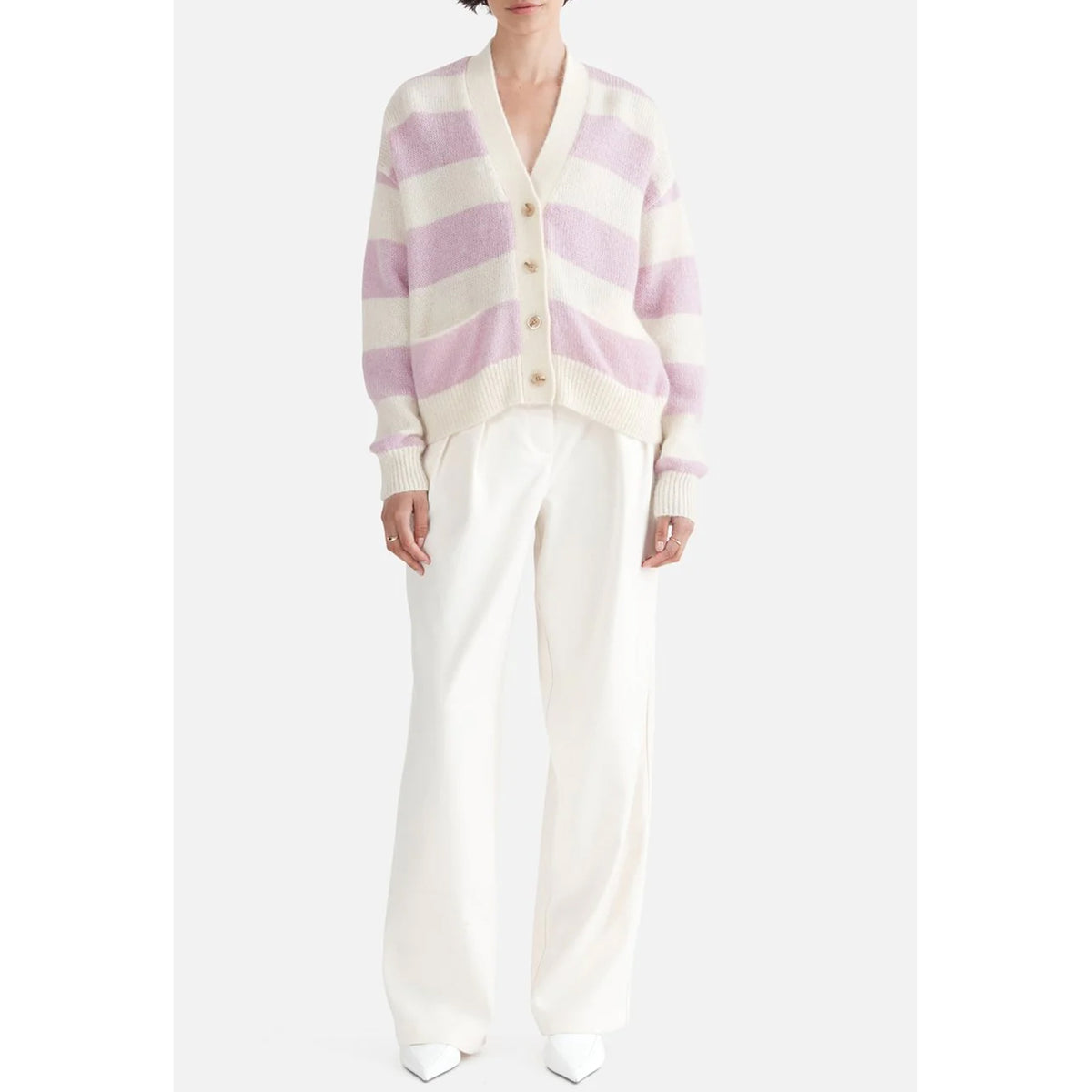 Ena Pelly Lola Knit Cardigan in Vintage White/Orchid