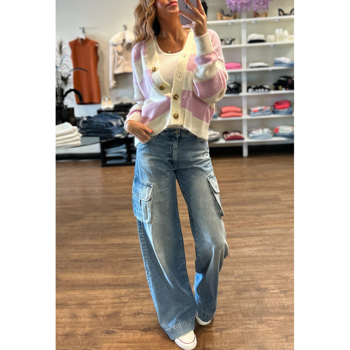 Ena Pelly Lola Knit Cardigan in Vintage White/Orchid