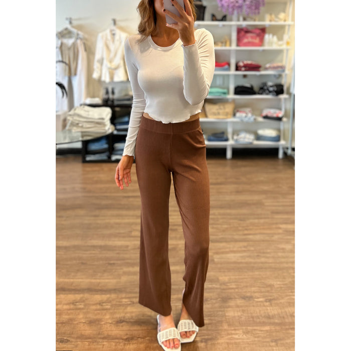 Enza Costa Ribbed Straight Leg Pant in Dark Whole Grain