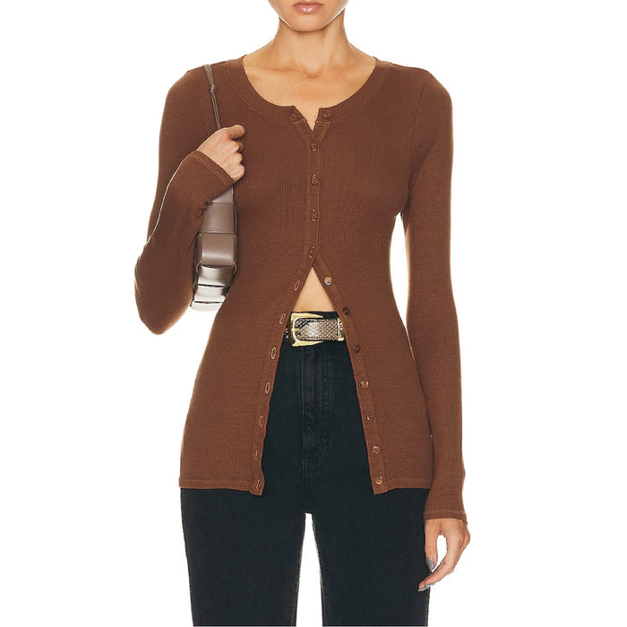 Enza Costa Fitted Ribbed Cardigan Dark Whole Grain
