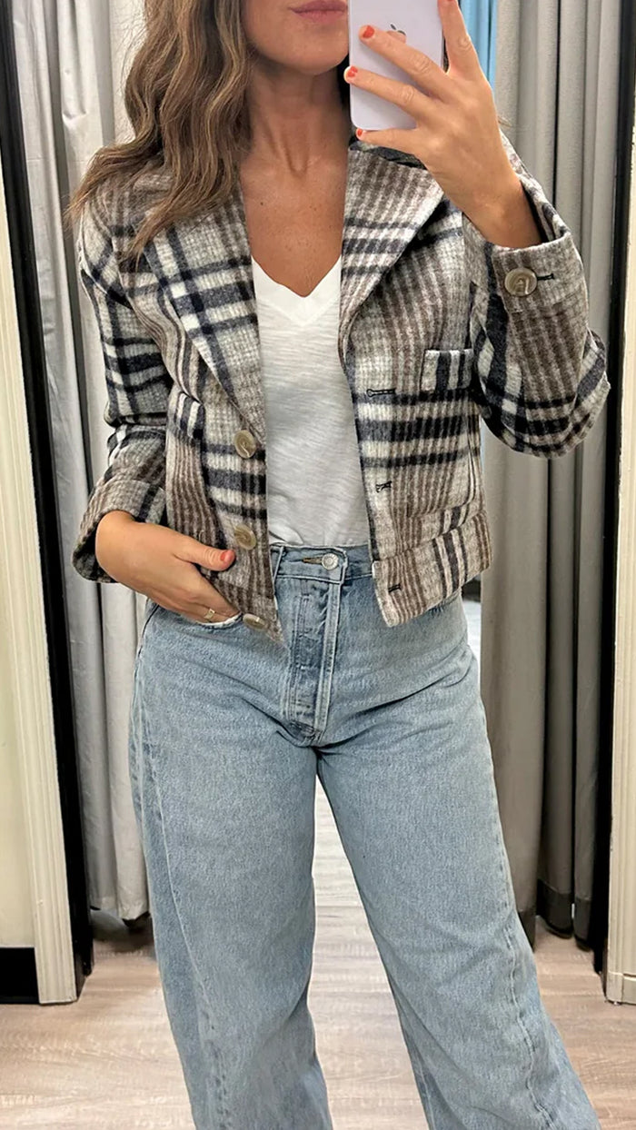 Central Park West Flora Cropped Jacket in Blue Plaid