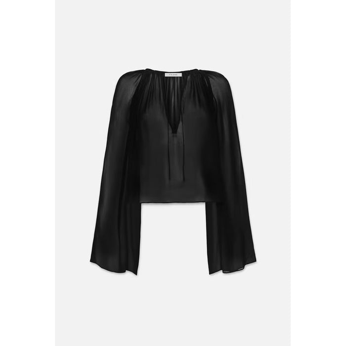 Frame Denim V-Neck Shirred Blouse in Black