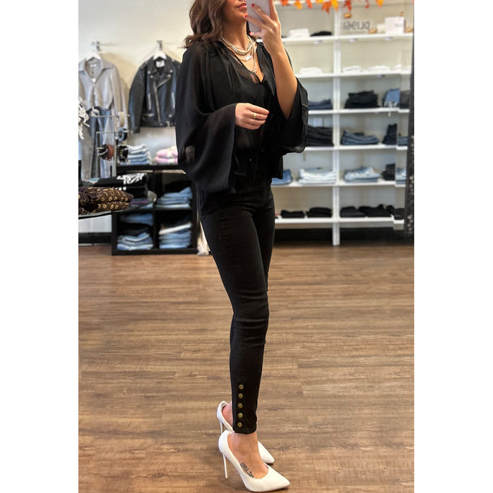 Frame Denim V-Neck Shirred Blouse in Black