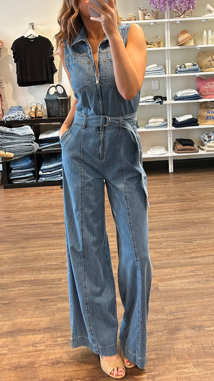 Frame Denim Sleeveless Wide Leg Jumpsuit in Happy Indigo