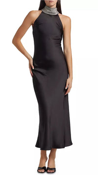 Generation Love Riella Crystal Halter Satin Dress in Black