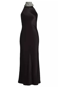 Generation Love Riella Crystal Halter Satin Dress in Black