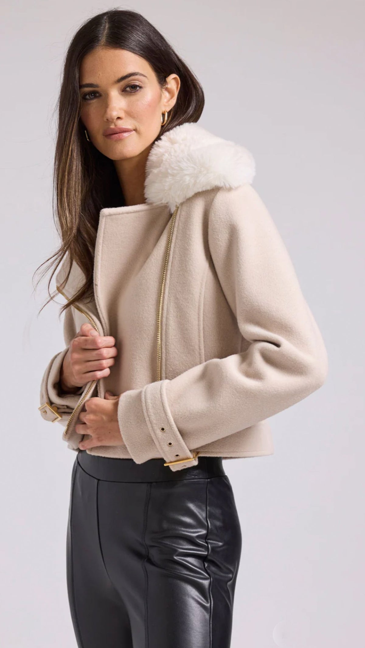 Generation Love Tivoli Faux Fur Wool Moto Jacket in Biscuit