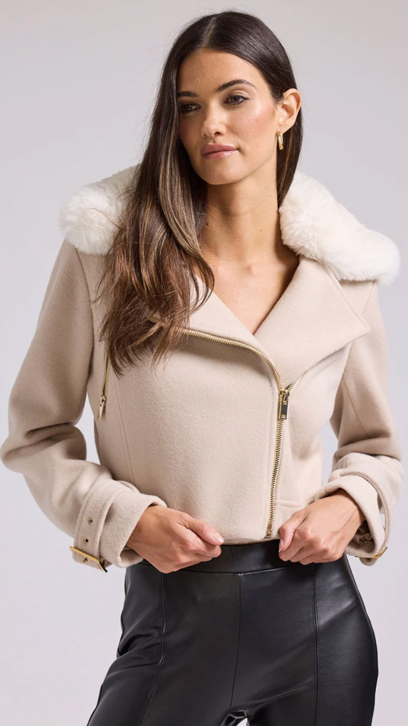 Generation Love Tivoli Faux Fur Wool Moto Jacket in Biscuit