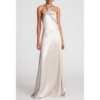 Halston Raelynn Metallic Crepe Halter Gown in Champagne