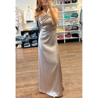 Halston Raelynn Metallic Crepe Halter Gown in Champagne