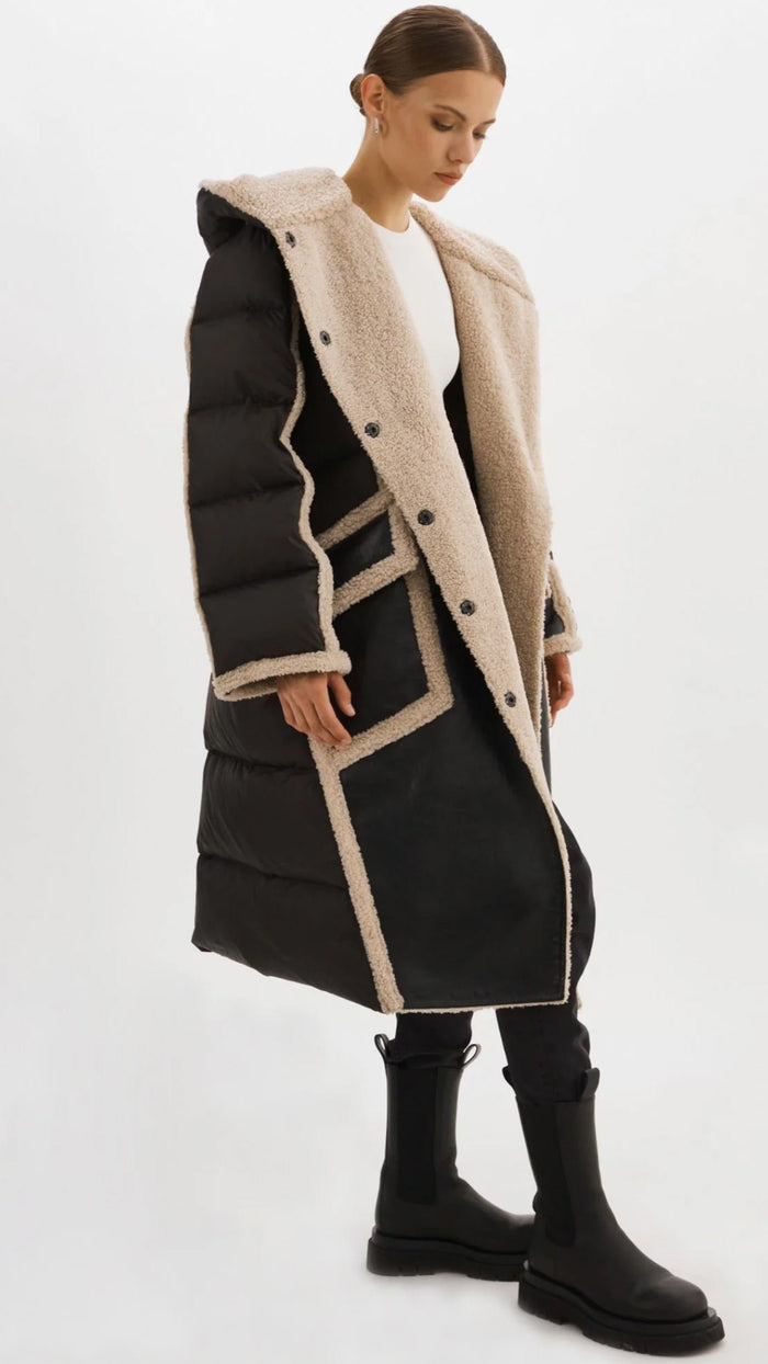 Lamarque Rexana Mixed Media Leather Puffer Coat in Black/Ecru