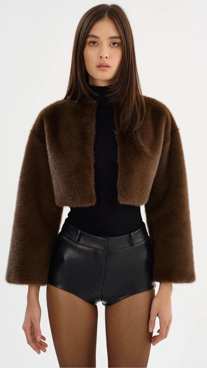 Lamarque Rowdie Faux Fur Crop Jacket in Walnut
