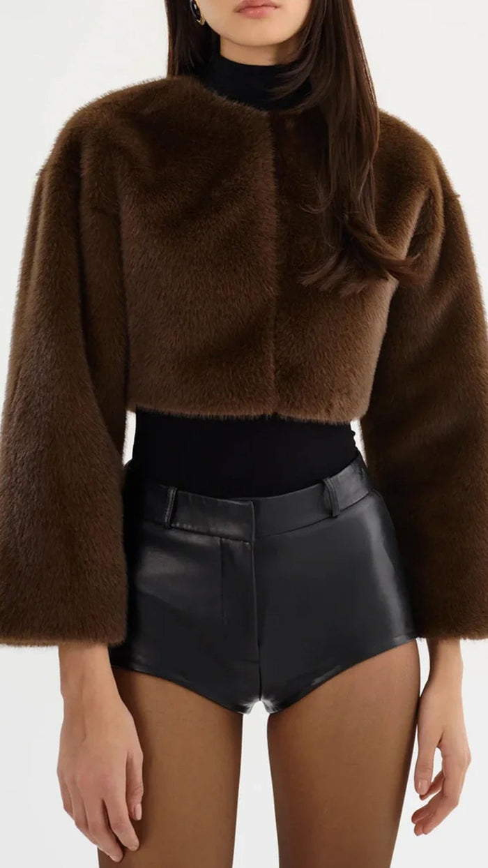 Lamarque Rowdie Faux Fur Crop Jacket in Walnut