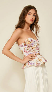 Line and Dot Floret Strapless Peplum Top in Pink Multi