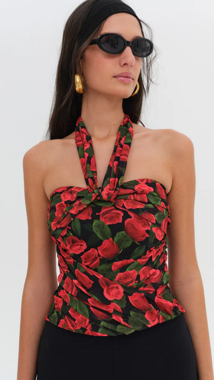 For Love & Lemons Abby Strapless Top in Red Floral