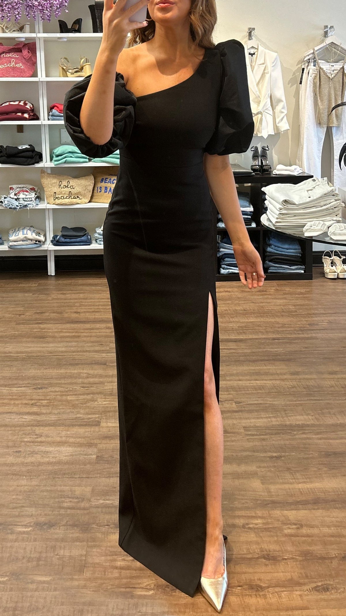 likely dresses Alia Dress 8 / Black tailored finish Puff Sleeve Likely One Shoulder