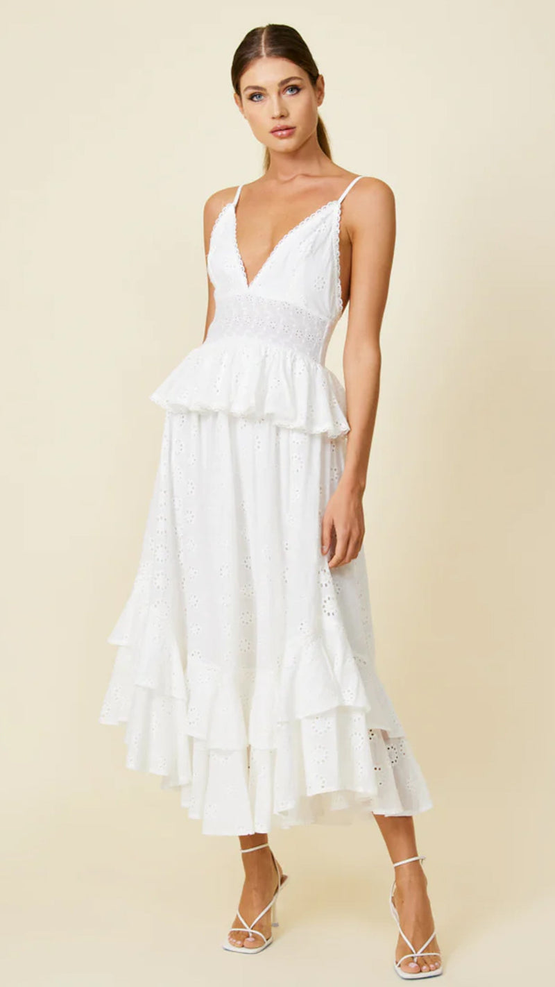 Line and Dot Lotus Eyelet Maxi in White