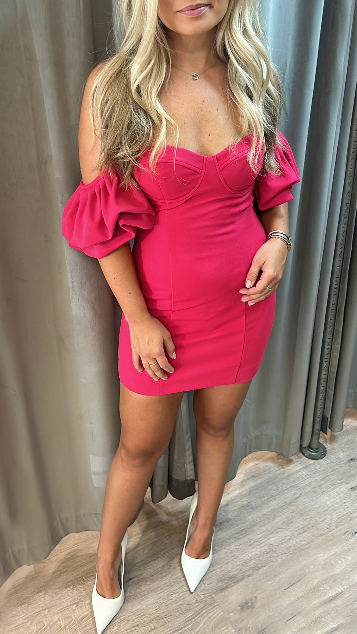 Line and Dot Robin Off the Shoulder Mini Dress in Raspberry